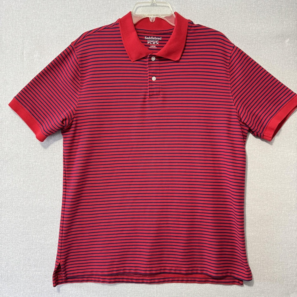 Saddlebred Polo Shirt Mens Large Red Navy Stripe Comfort Flex Tagless Casual